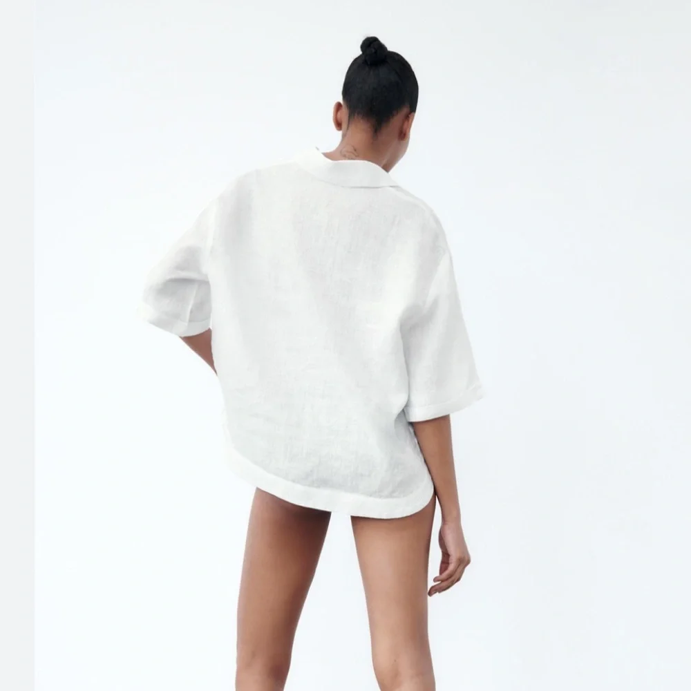 NWT ZARA WHITE LINEN CROPPED SHIRT - Picture 5 of 9
